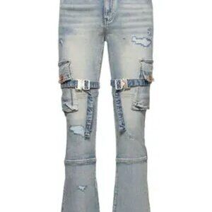 HOMME + FEMME LA  distressed flare cargo jeans w/straps washed LIGHT PINK